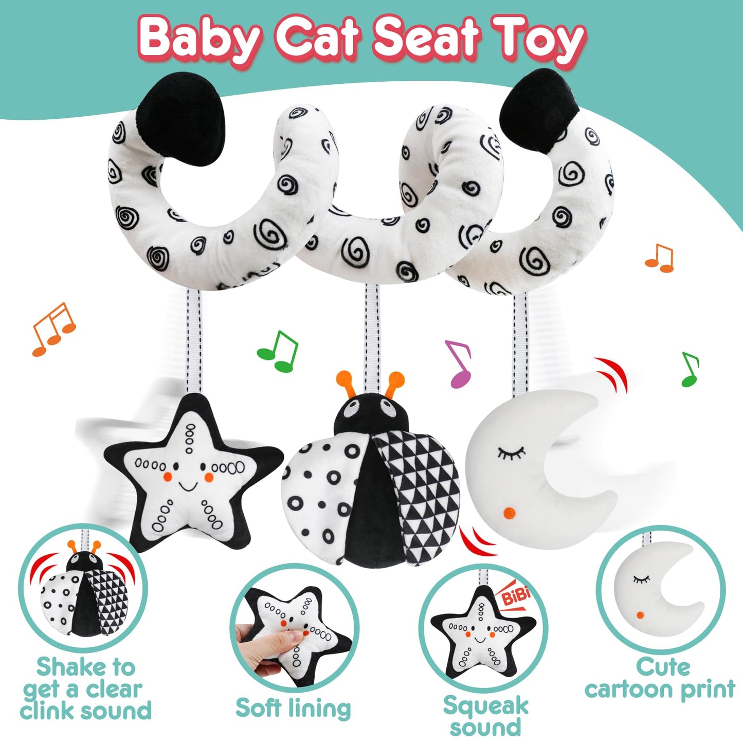 GKDOMS Baby Spiral Hanging Stroller and Car Seat Toys Black and White High Contrast Sensory Toy Newborn Plush Activity Toys Than