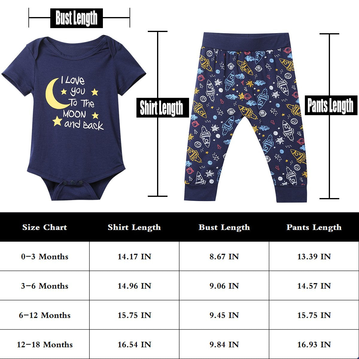 Baby Boys 3Pcs Outfit Set To The Moon And Back Romper Long Pants With Hat (3-6 Months)