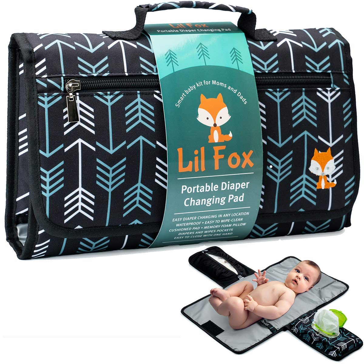 Lil Fox Portable Changing Pad - One-Hand Diaper Change Pad for Baby Diaper Bag or Changing Table. Unisex Baby Shower Gifts, Newb