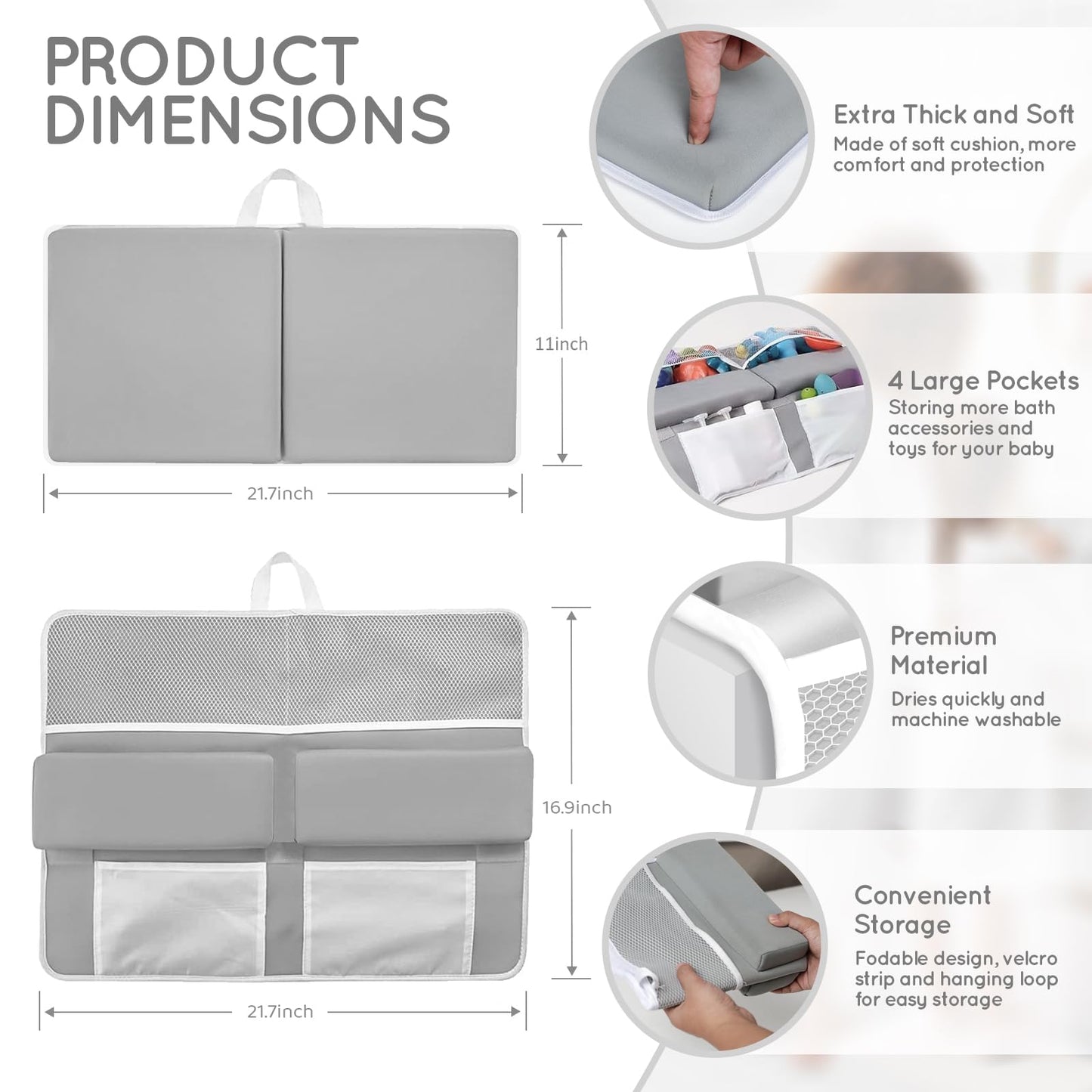 Comfortable Bath Kneeler And Elbow Kneeling Rest Pad For Baby Bathing Parents - Painless Foam Mat With Toy Organizer Pockets - Q