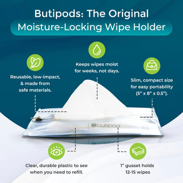 Butipods Reusable Travel Wipes Case - Portable Moisture-Retaining Pouch, Slim Holder And Convenient Container For Diaper Bag, Di