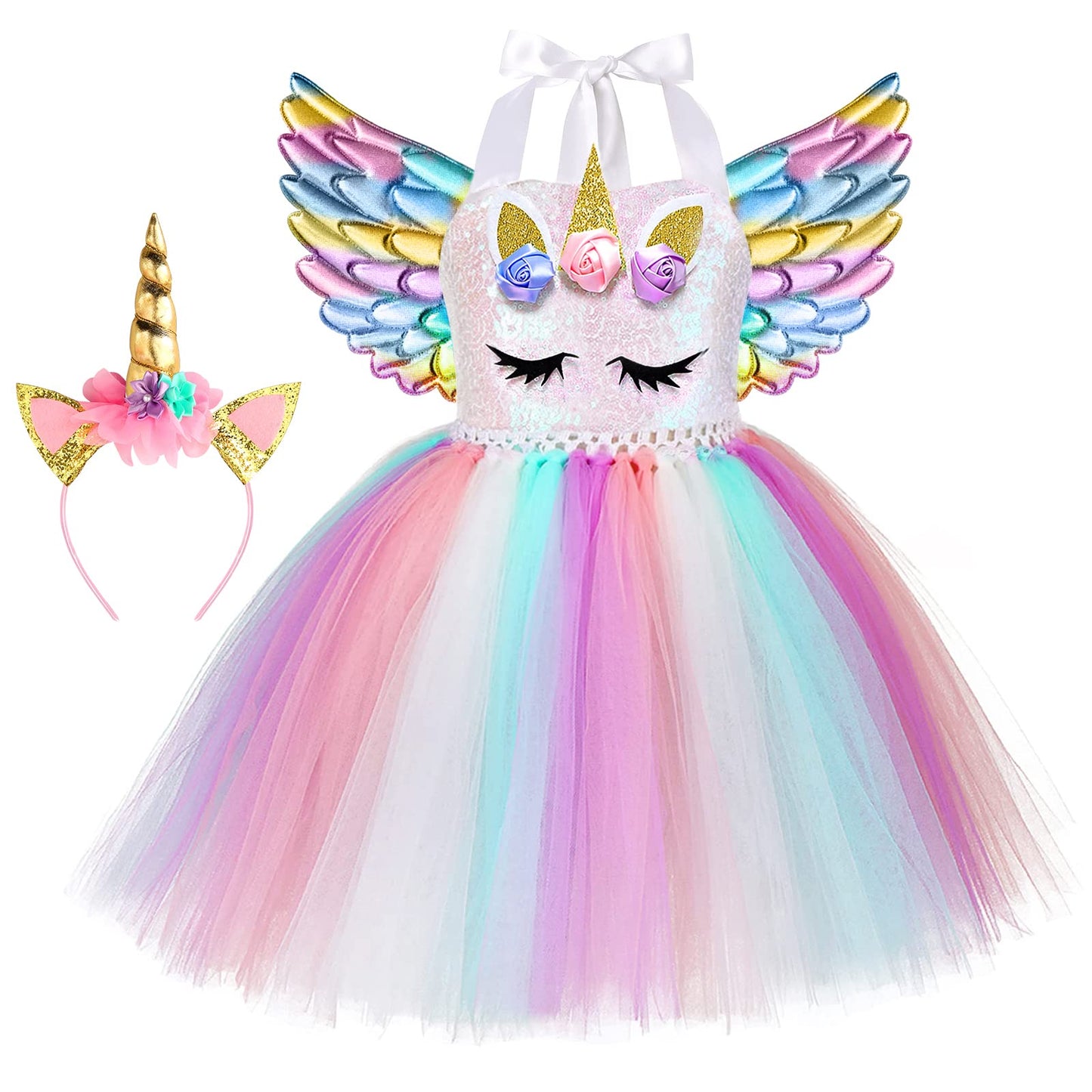 Skcaiht Unicorn Costumes For Girls Led Light Up Unicorn Princess Tutu Dress For Halloween Birthday Party Gifts (7-8 Years)