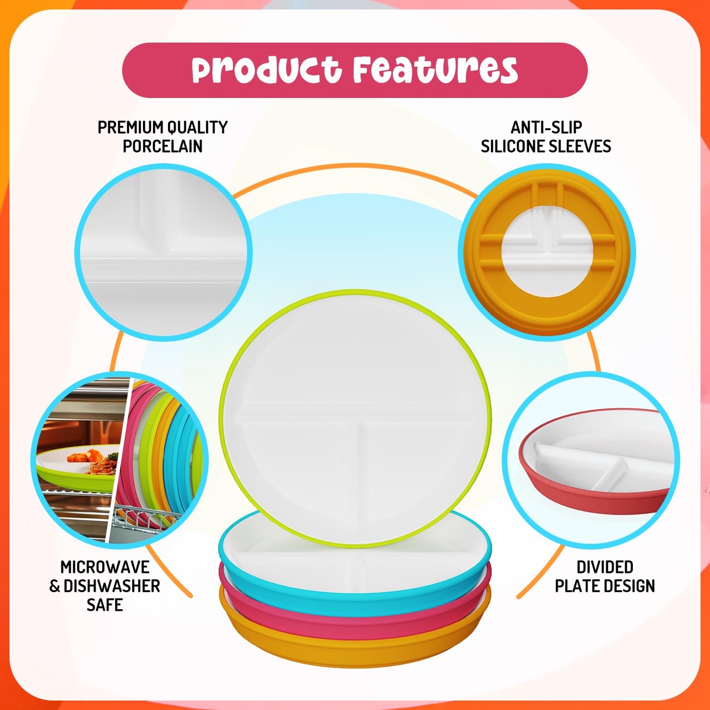 Kids Porcelain Plates With Anti-Slip Silicone Sleeves | Microwave & Dishwasher Safe | Premium Divided Toddler Plates For Hassle-