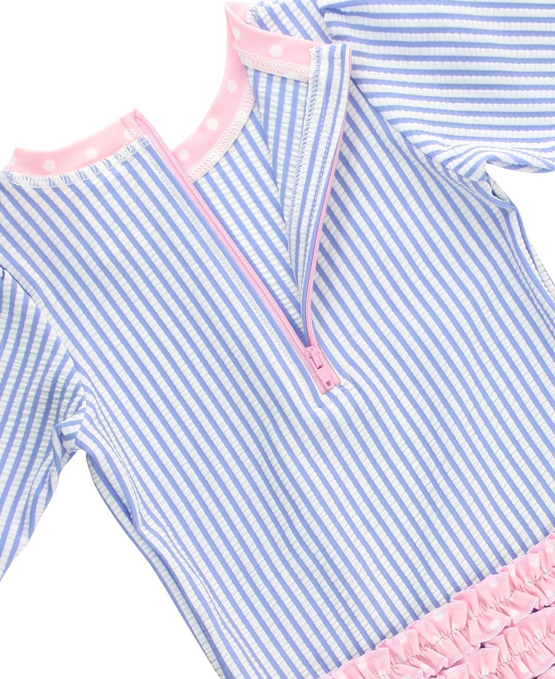 Rufflebutts Baby/Toddler Girls Long Sleeve One Piece Swimsuit - Blue Seersucker With Upf 50+ Sun Protection - 12-18M