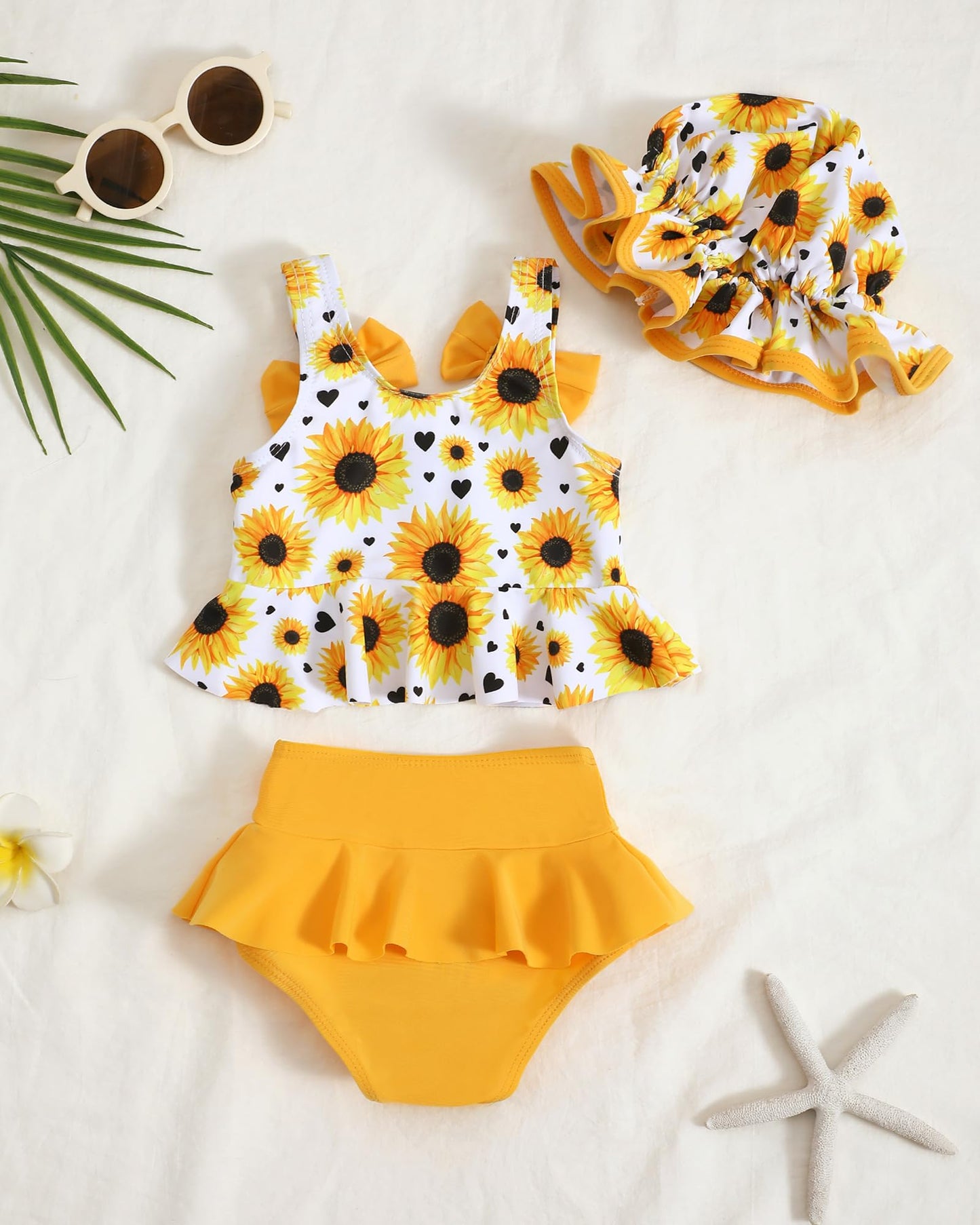 Mioglrie Baby Girl Swimsuit 6-9 9-12 Months Baby Bathing Suit Girl Yellow Dasiy Bikini Summer Beach Swimwear Infant Tankini Hat
