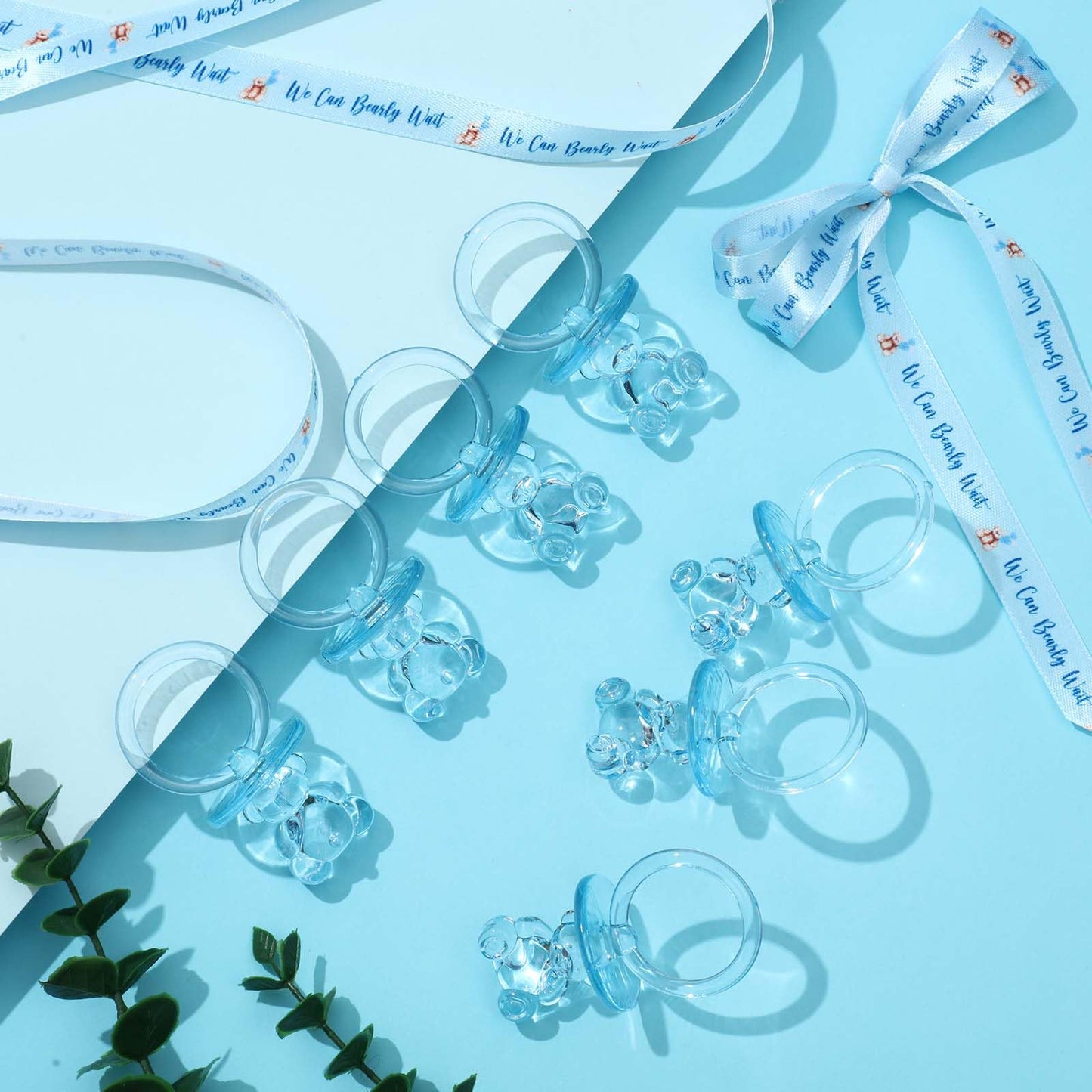 Beeveer 50 Pcs Green Leaf Baby Pacifiers Baby Shower Acrylic Pacifiers Necklace Boy Pacifier Bulk Nipples For Shower Game Ribbon