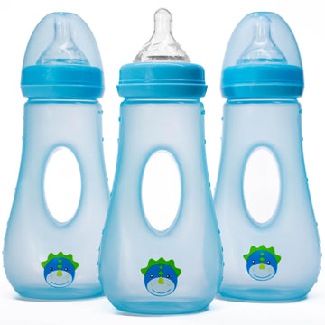 Avima Easy Grip Anti Colic Baby Bottles, BPA Free, 8 oz. Wide Neck with Medium Flow Silicone Nipples, Blue (Pack of 3)