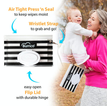 Bumco Airtight Wipes Dispenser, Keeps Wet, Reusable Refillable Pouch, Diaper Bag Organizer For Travel, Carrying Clutch, Unique B