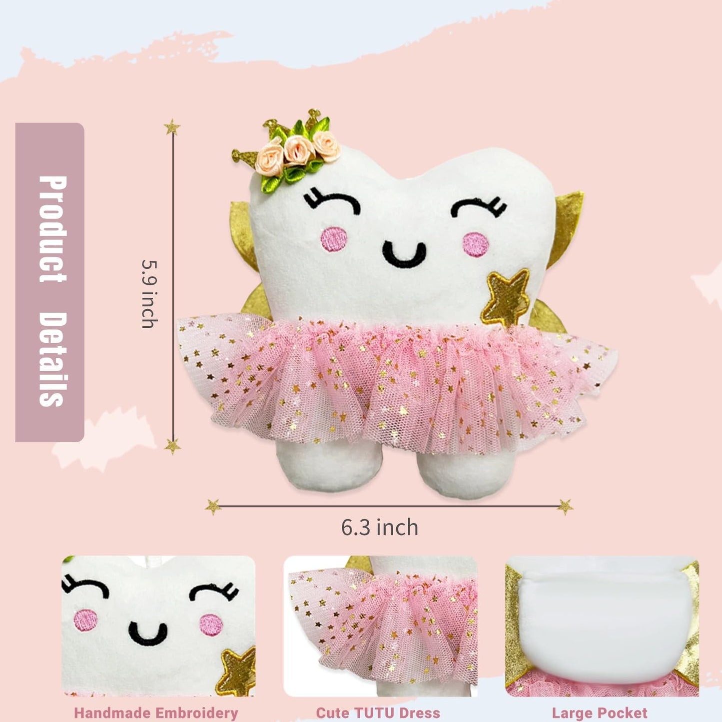 Hy.Mis Tooth Fairy Pillow With Pocket For Girls, Tooth Pillow For Tooth Fairy, Tooth Fairy Plush Dolls With Glittering Wings, To