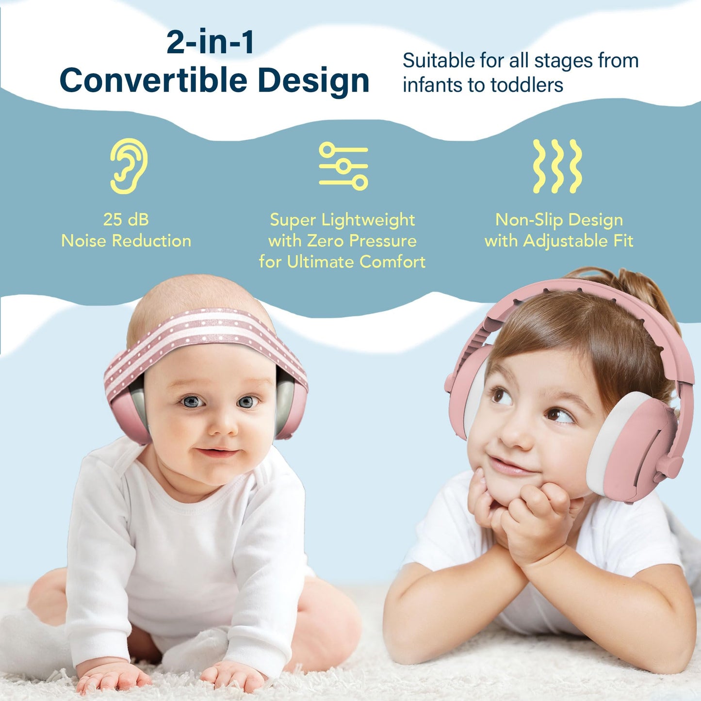 2-In-1 Baby Ear Muffs For Hearing Protection, Noise Cancelling Earmuffs For Babies And Toddlers Up To 48 Months, Adjustable Baby