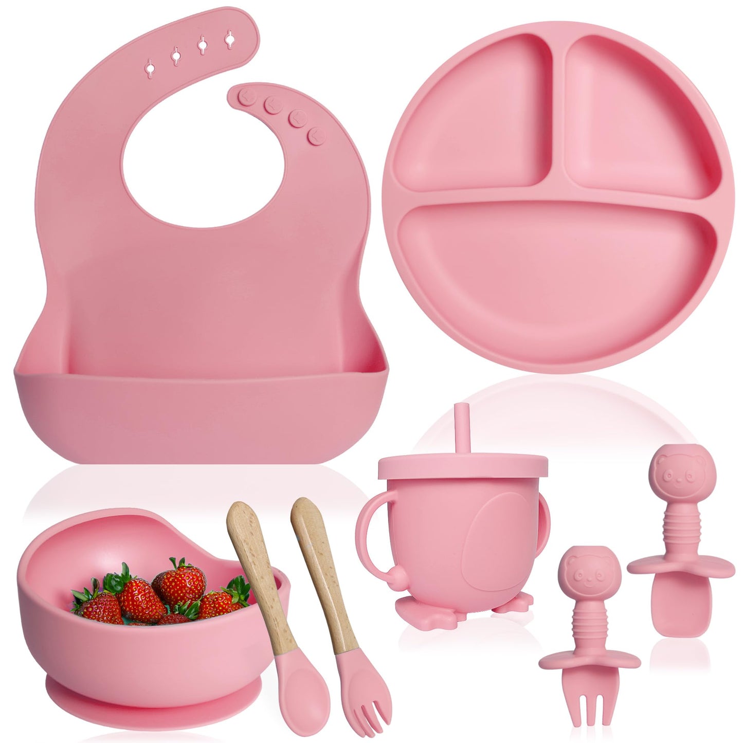 Bluet B- Silicone Baby Feeding Set - Suction Bowl, Plate, Spoons - Baby Utensils - First Foods, Infant Eating - 8pcs - Pink