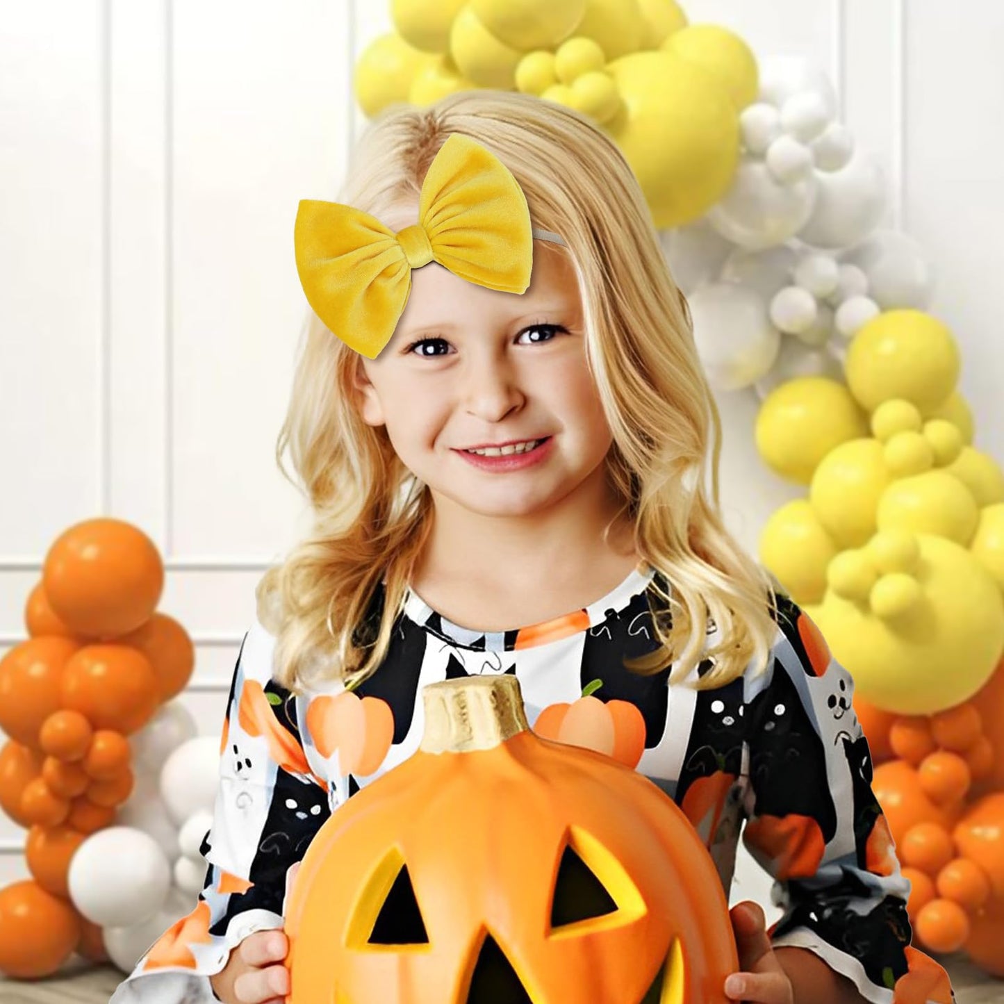 Yanjie Halloween Bows Baby Girls Headbands, Velvet Elastic Hair Bow Halloween Orange Yellow Hair Bands Bows Baby Festival Dress