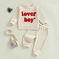Lesimsam Toddler Baby Boy Valentine'S Day Outfit Letter Embroidery Long Sleeve Waffle Knit Sweatshirt And Pants Set(Apricot, 6-1