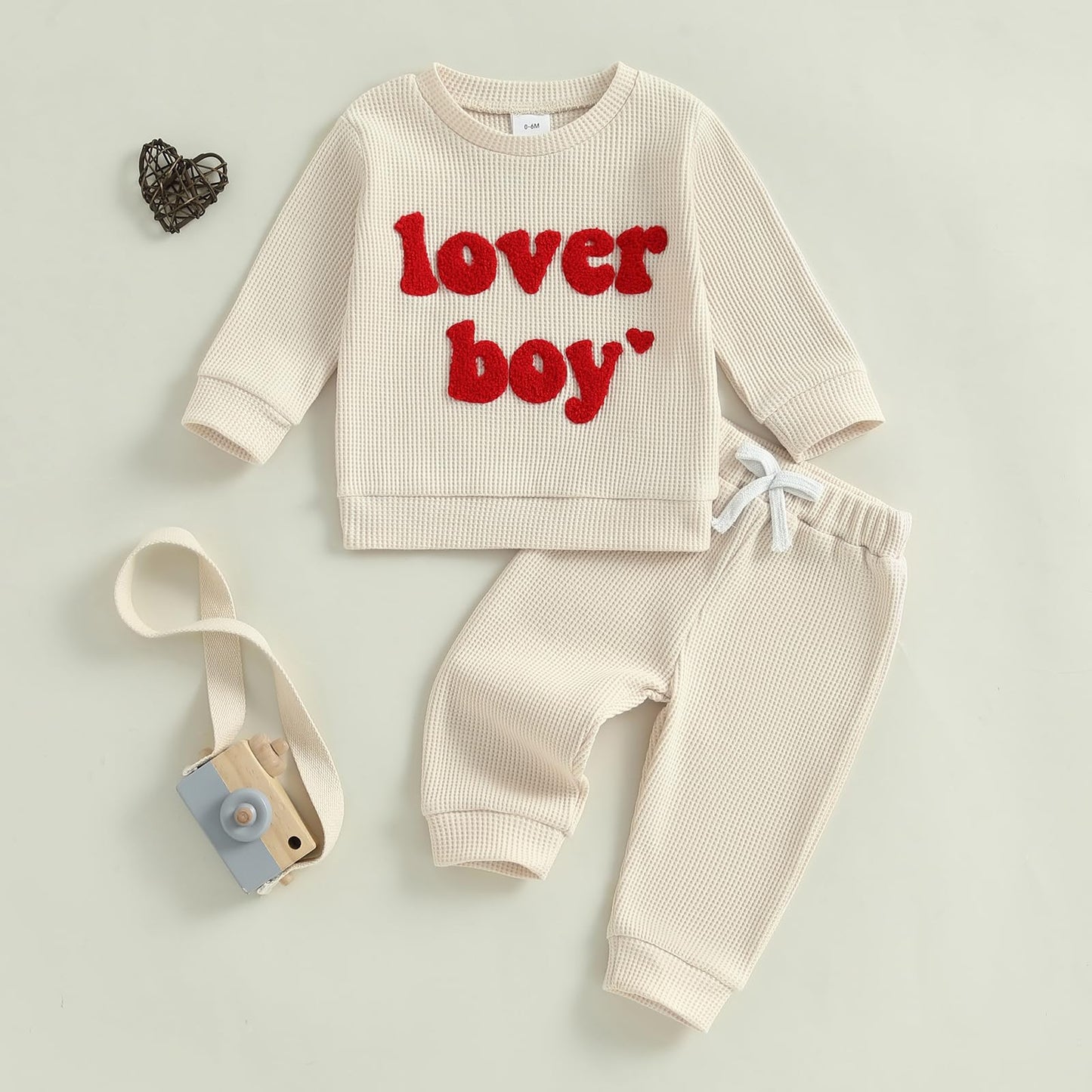 Lesimsam Toddler Baby Boy Valentine'S Day Outfit Letter Embroidery Long Sleeve Waffle Knit Sweatshirt And Pants Set(Apricot, 12-