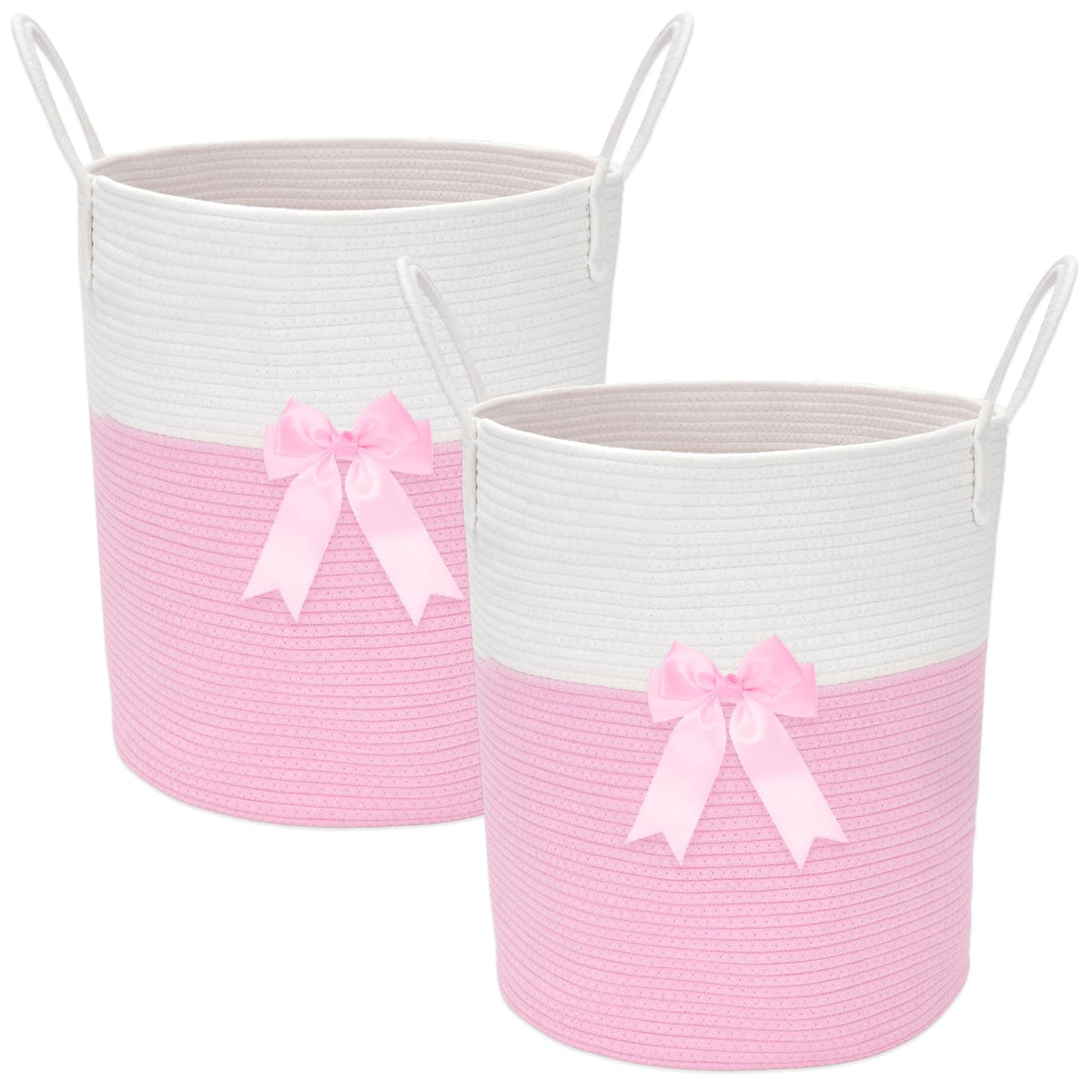 2 Pack Pink Laundry Basket with Bow 15 x 17.7 Large Woven Clothes Storage Basket Cotton Rope Nursery Hamper Bin Cute Toy Stora
