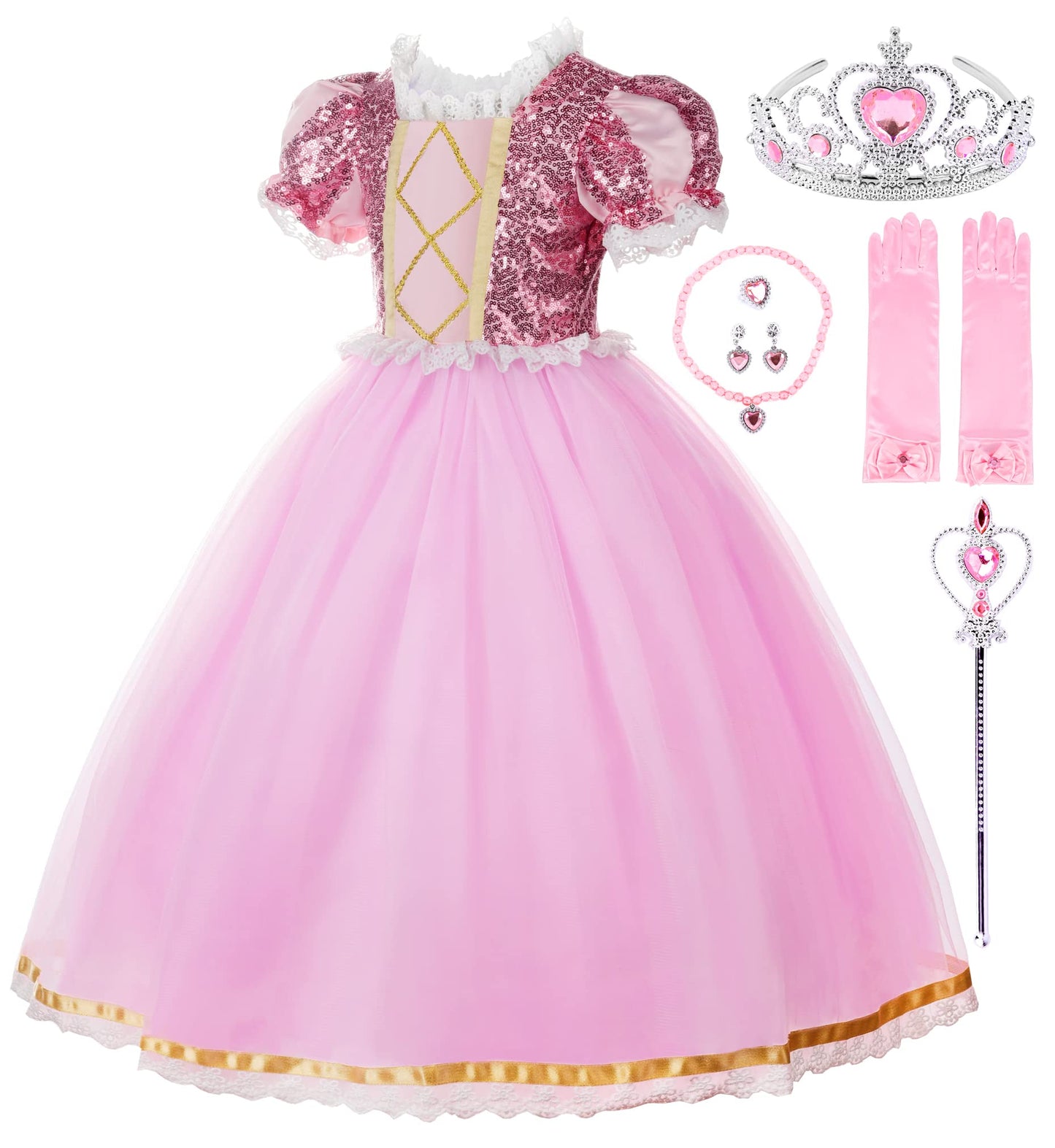 Jerrisapparel Girls Princess Costume Birthday Party Cosplay Purple Dress With Accessories (Pink With Accessories, 7)
