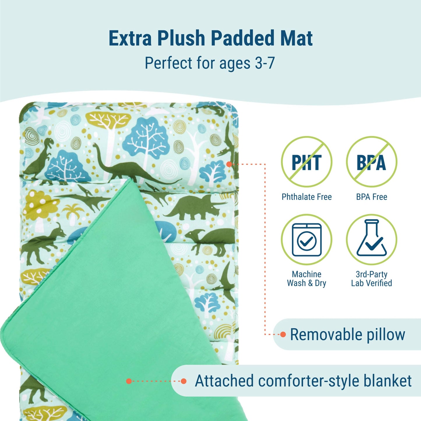 Wildkin Kids Original Nap Mat - Cozy Kids Sleep Mat with Pillow, Ideal for School & Travel - Dinomite Dinosaurs