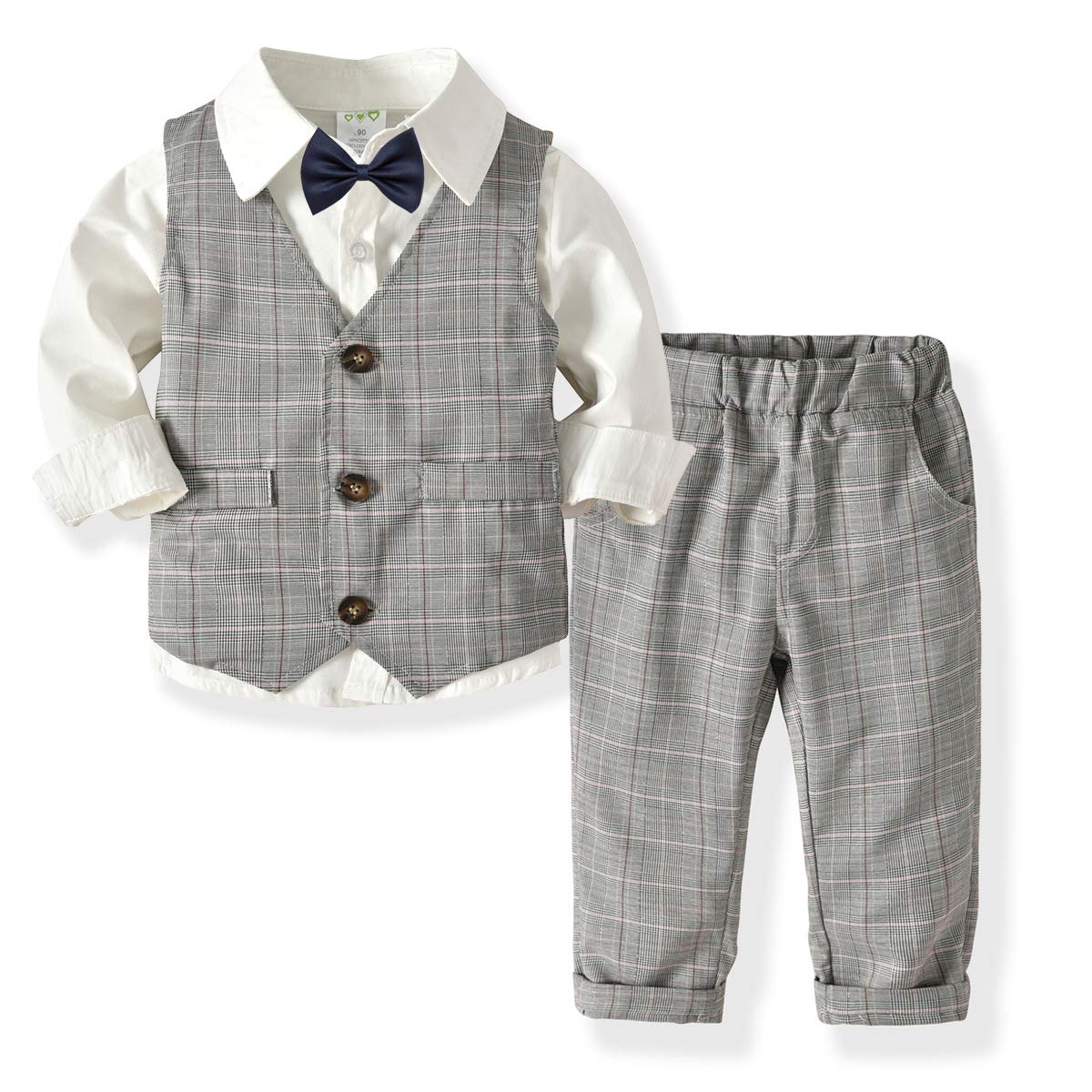 Little Boys Gentleman Formal Suit Set With Vest, Pant, Shirt, And Bow Tie,Baby Boys Long Sleeve Wear Weding 4Pcs Outfit (White,