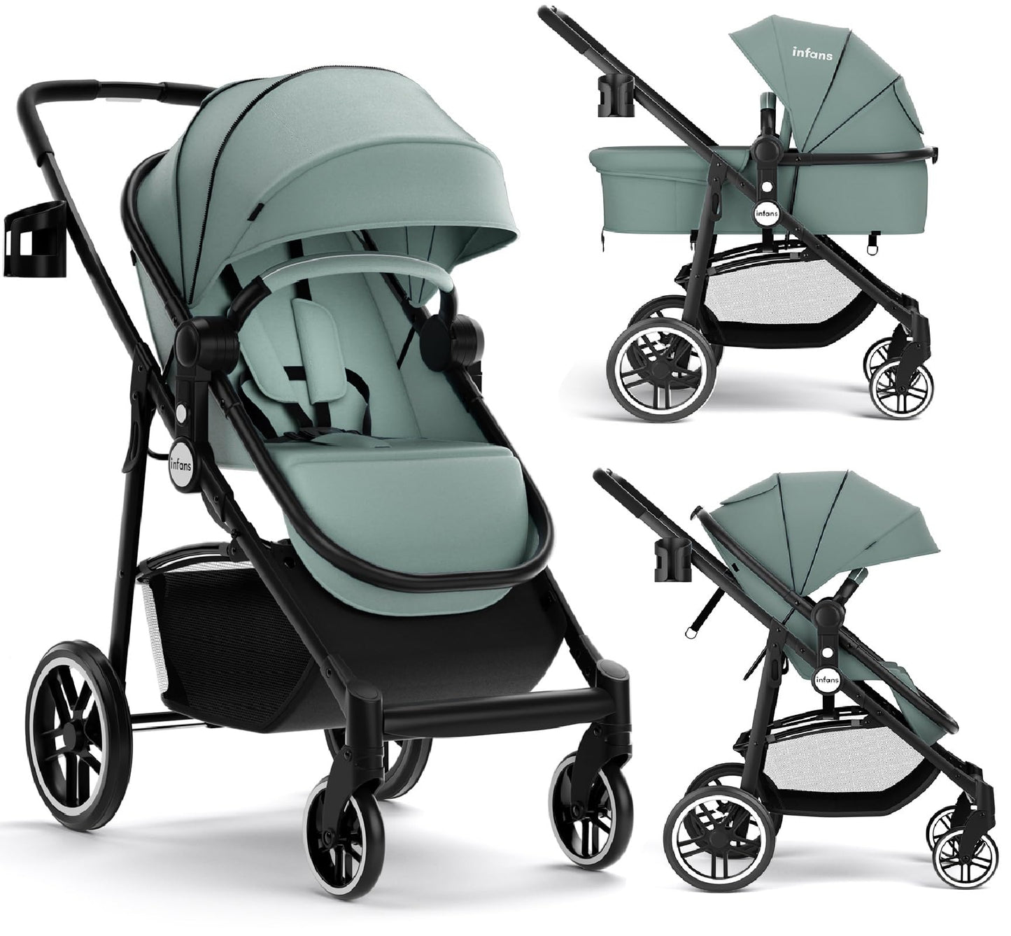 INFANS 2 in 1 Baby Stroller, High Landscape Infant Stroller & Reversible Bassinet Pram, Foldable Pushchair with Adjustable Canop
