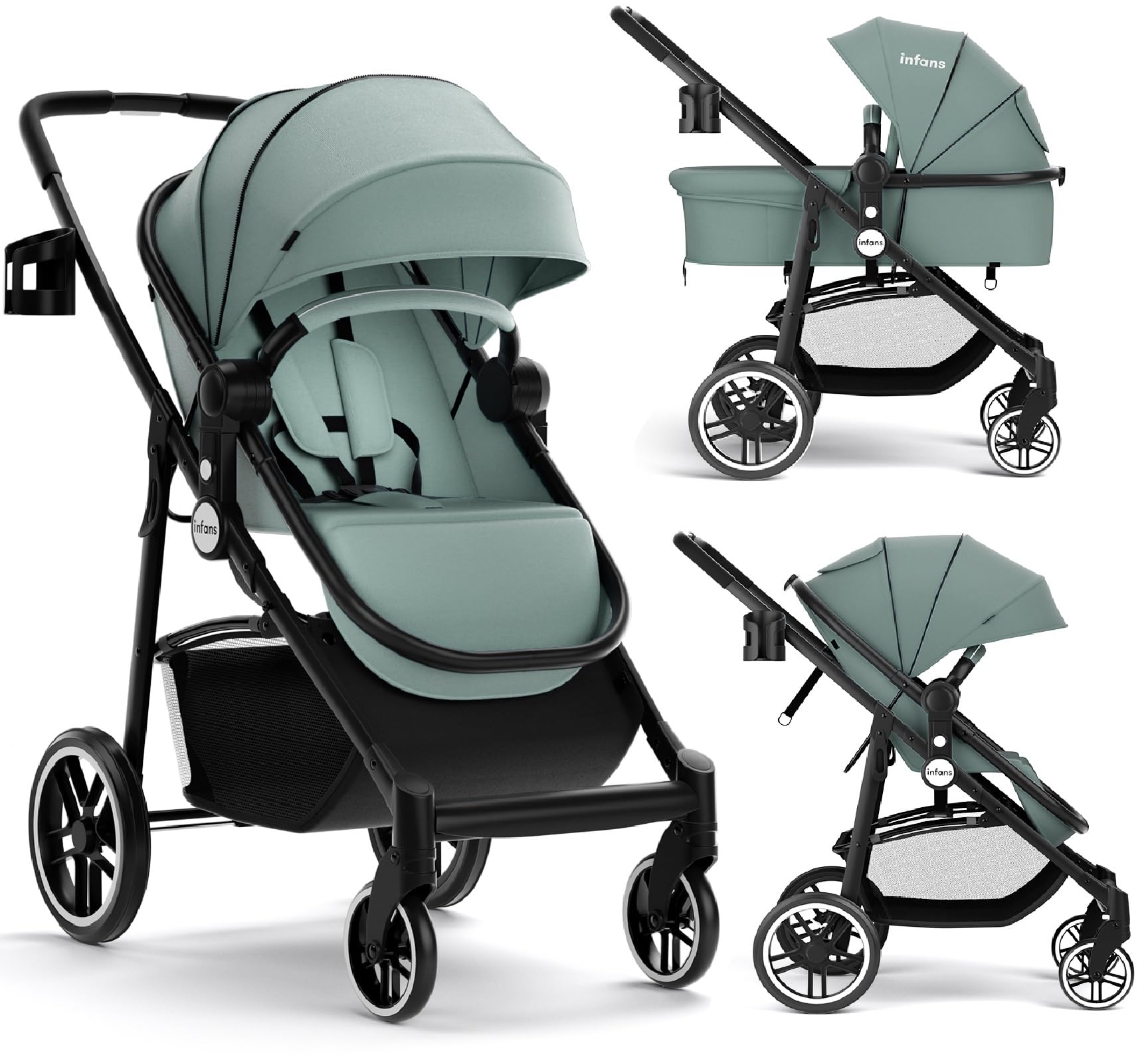 INFANS 2 in 1 Baby Stroller, High Landscape Infant Stroller & Reversible Bassinet Pram, Foldable Pushchair with Adjustable Canop