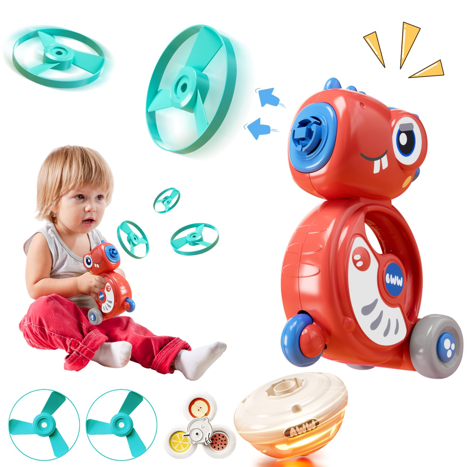 Senlylogy 5-In-1 Multifunctional Dinosaur Whistle Inertial Vehicle,Flying Disc Launcher Toy,Light Up Spinning Tops & Gyroscope,F