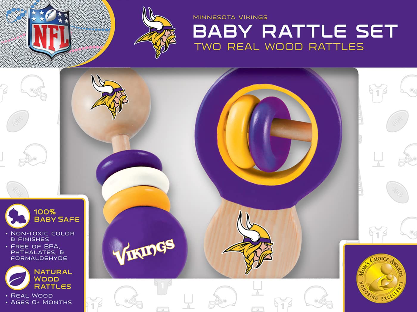 Baby Fanatic NFL Minnesota Vikings Wood Rattle 2 Pack - Officially Licensed Baby Toy Set for Boys & Girls - BPA Free - Ages 3 Mo