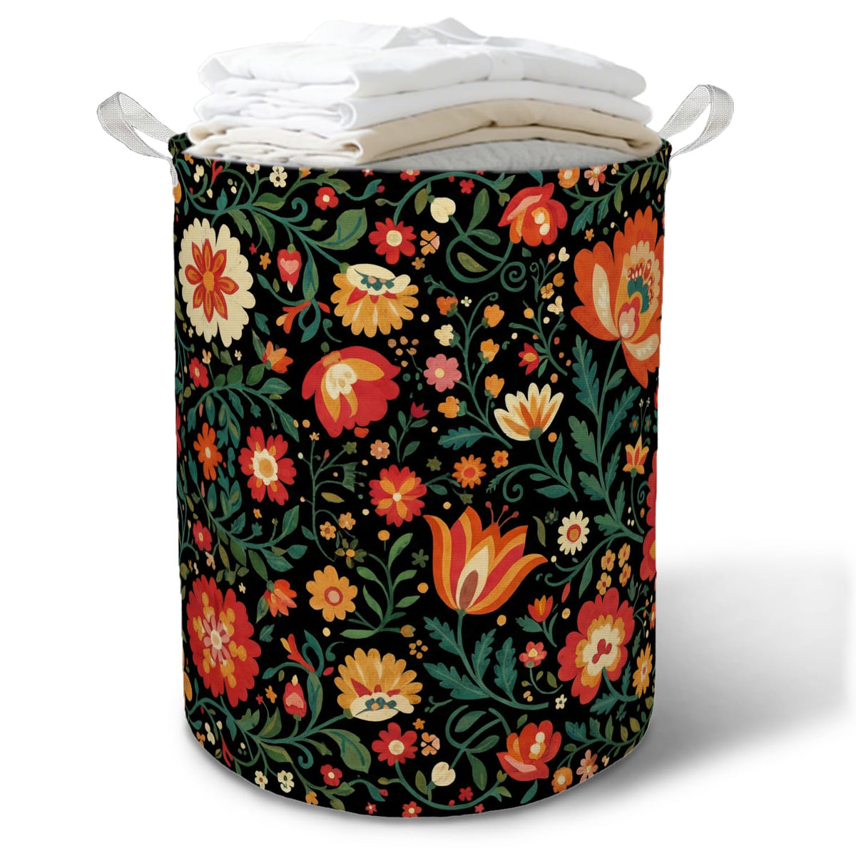 TAZSWDMM Vibrant Boho Floral Laundry Basket Hamper,Vintage Folk Art Flower Botanical Foldable Clothes Toys Books Storage Box Bin