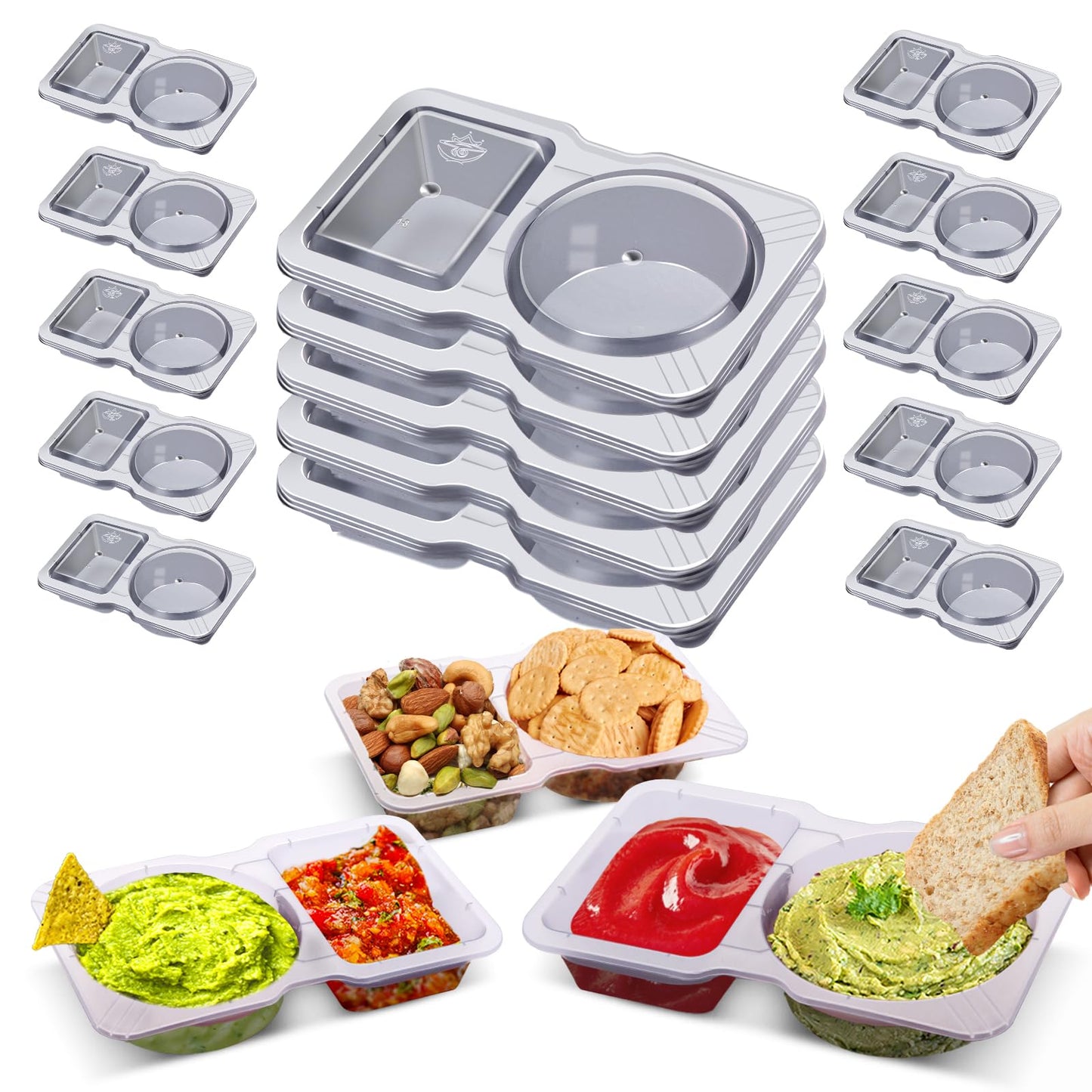 15 Sets Double Compartment Snack Containers, Reusable Or Disposable Condiment With Lids For Sauces, , Ideal For On The Go Snack 