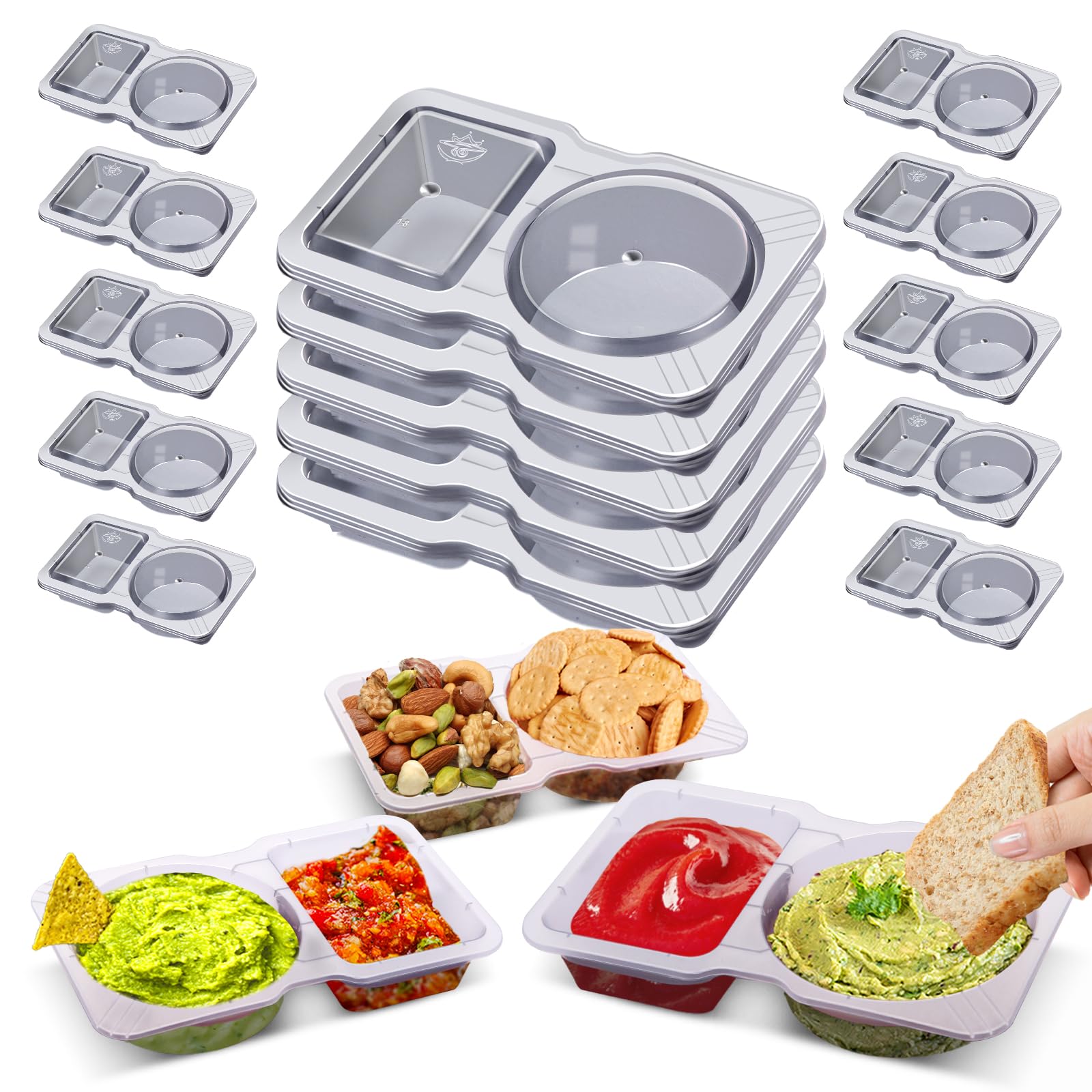 15 Sets Double Compartment Snack Containers, Reusable Or Disposable Condiment With Lids For Sauces, , Ideal For On The Go Snack 
