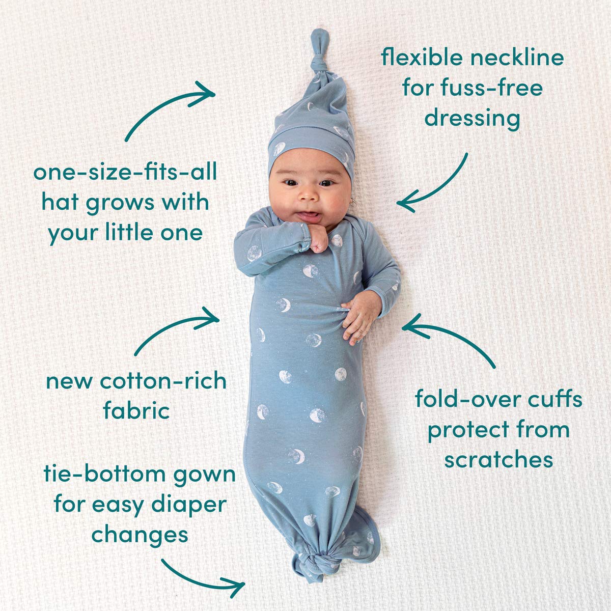 Aden + Anais Comfort Knit Knotted Newborn Baby Gown And Hat, Super Soft Cotton With Spandex, Infant Gown With Fold Over Mitten C