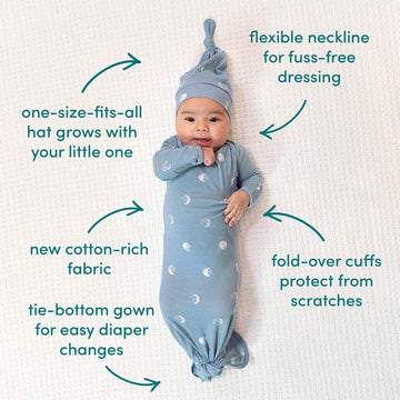 Aden + Anais Comfort Knit Knotted Newborn Baby Gown And Hat, Super Soft Cotton With Spandex, Infant Gown With Fold Over Mitten C