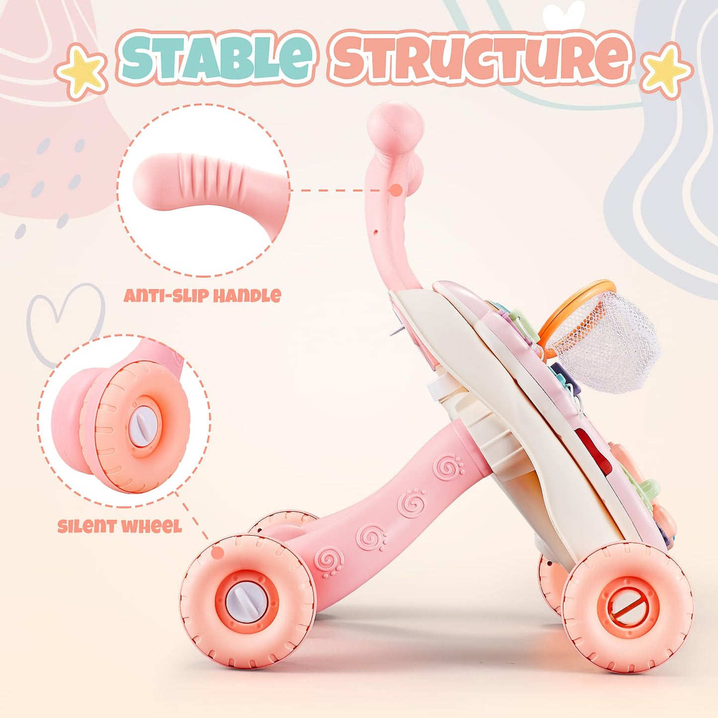 TOY Life 3 in 1 Baby Push Walker and Activity Center for Girl, Sit to Stand Walker for Babies 6-12 Months, Walking Toys with Mus