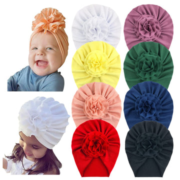 Angla 8 Pack Solid Large Flower Knot Bow Cotton Beanie Turban Hat Cap India Muslim Islamic Headwrap Winter Hospital Nursery For
