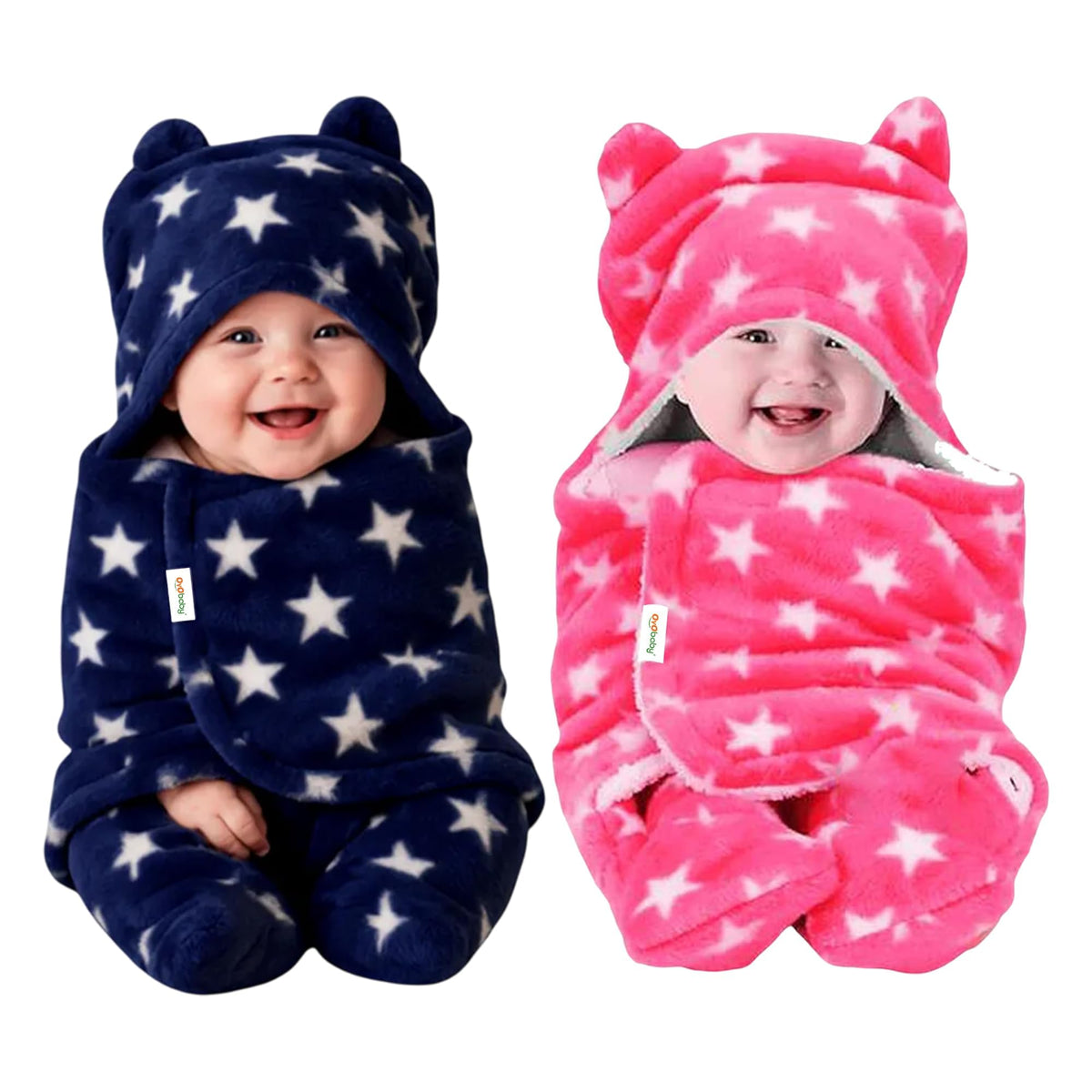 Oyo Baby Dark Blue & Pink Star Hooded Baby Blanket  UltraSoft Fleece Swaddle With Booties, 06 Months | Cozy Infant Sleep Sack