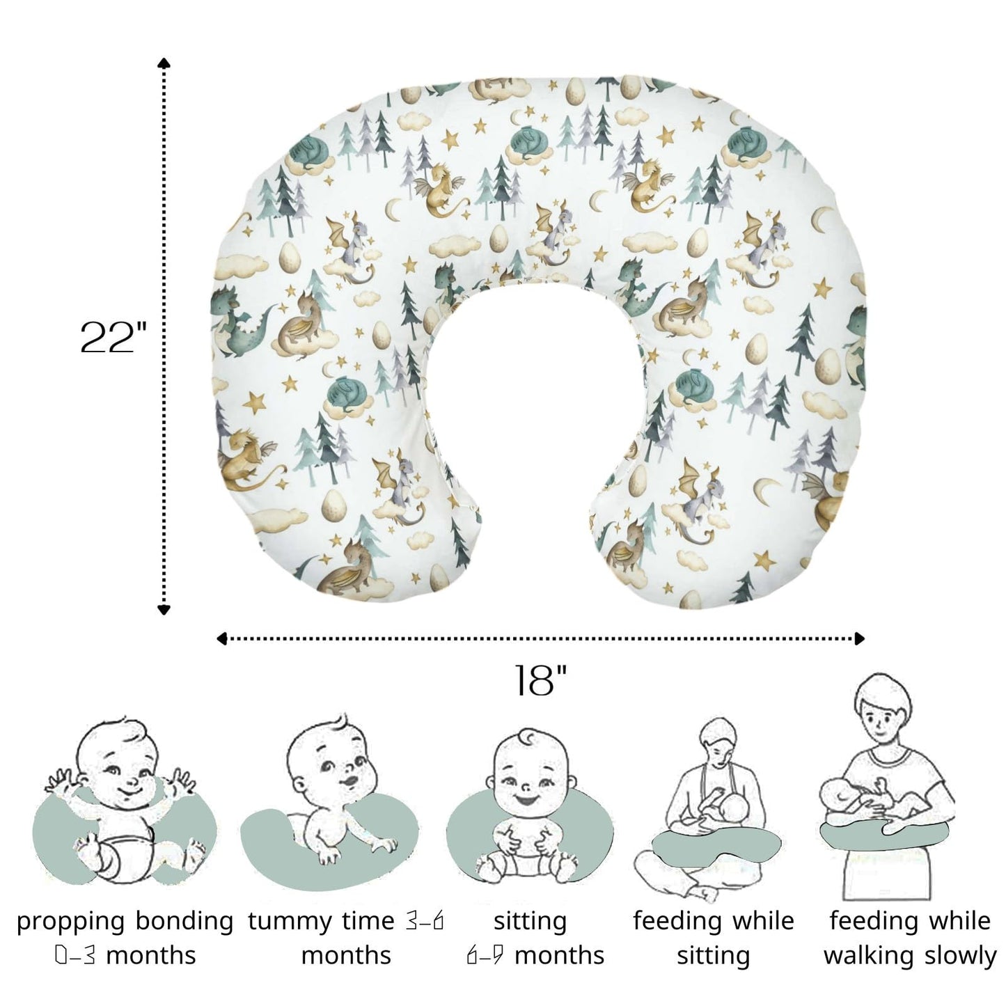 Hawskgfub Watercolor Cute Dragon Fairy Tale Nursing Pillow Cover For Baby Boys, Cloud Moon Star Dragons Egg Breastfeeding Pillow