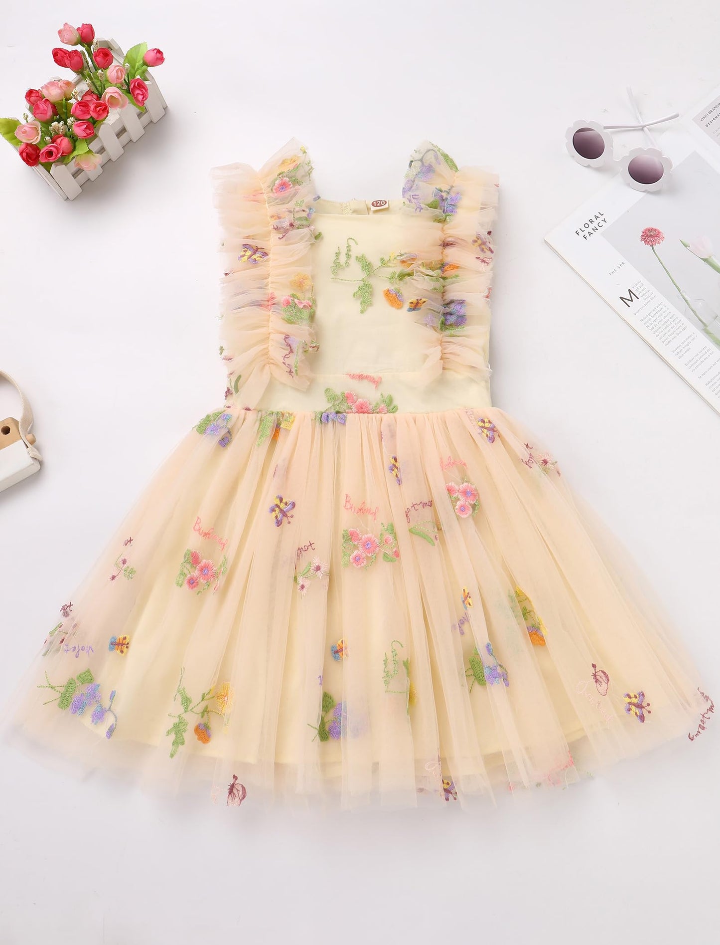 Ibtom Castle Flower Girl Dress Toddler Baby Girls Birthday Party Floral Embroidered Tulle Dress Wedding Pageant Dress Easter Boh