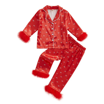 Ayalinggo Toddler Valentines Day Pjs Little Kids Baby Girls Feather Trim Silk Satin Pajamas Set Heart Bow Valentine Nightgown (R