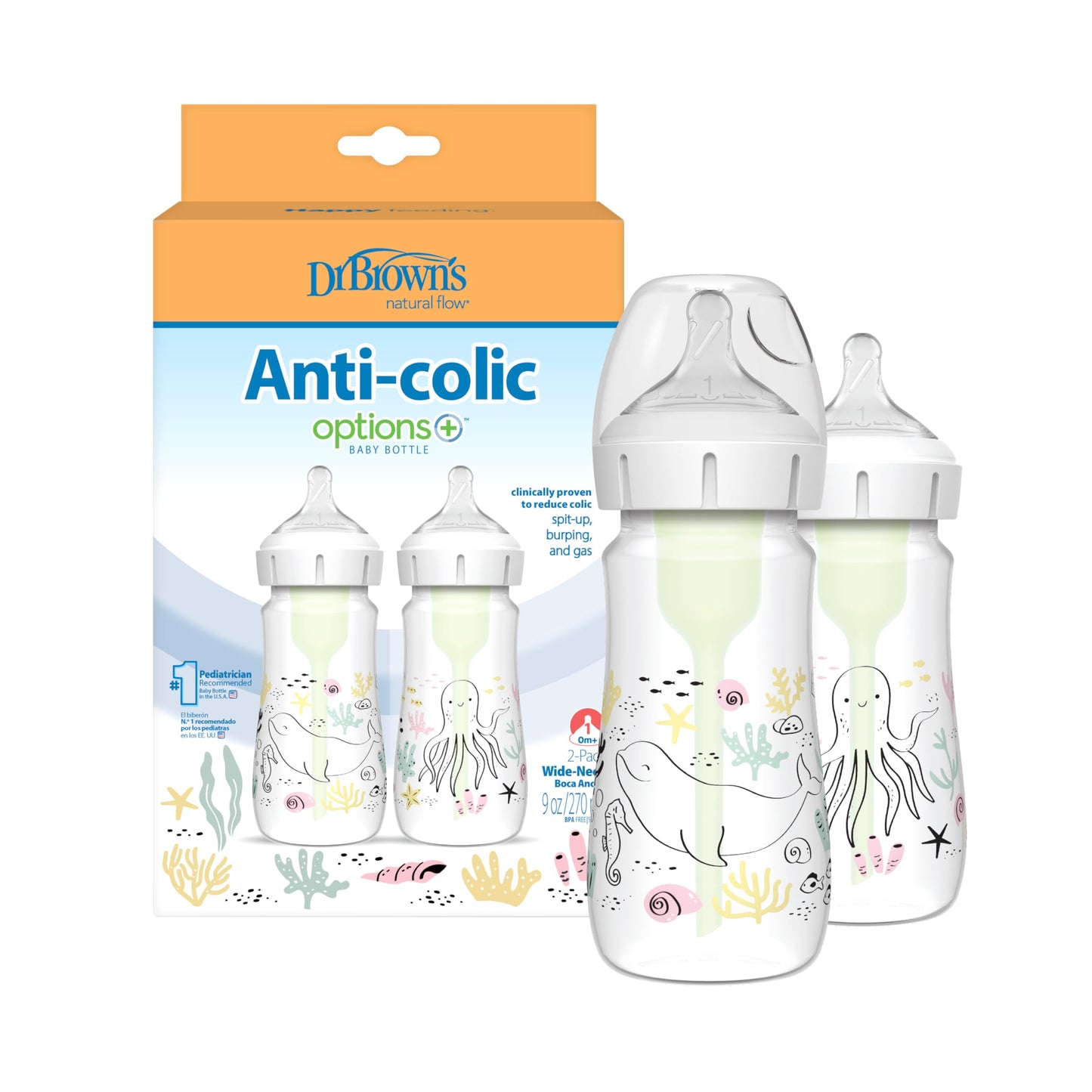 Dr Brownas Natural Flowa Anti-Colic Options+A Wide-Neck Baby Bottle Designer Edition Bottles, Ocean Decos, 9 Oz270 Ml, Level 1 N
