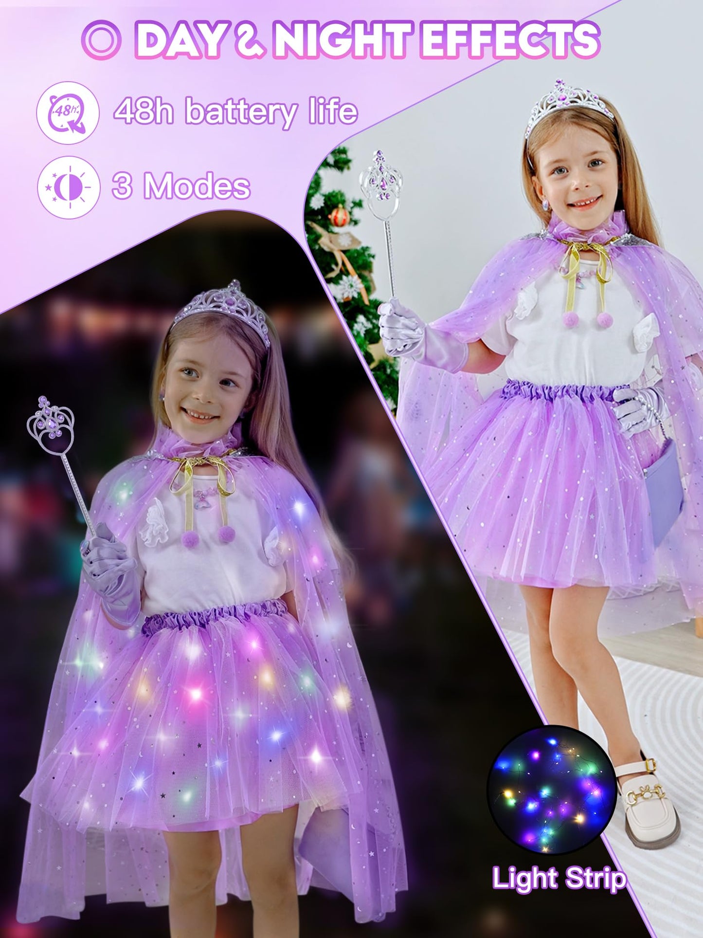 Phobby Princess Dress Up For Girls Aged 3 4 5 6, Light-Up Princess Cape & Skirt With Purse & Gloves, Girl Costume For Party Chri