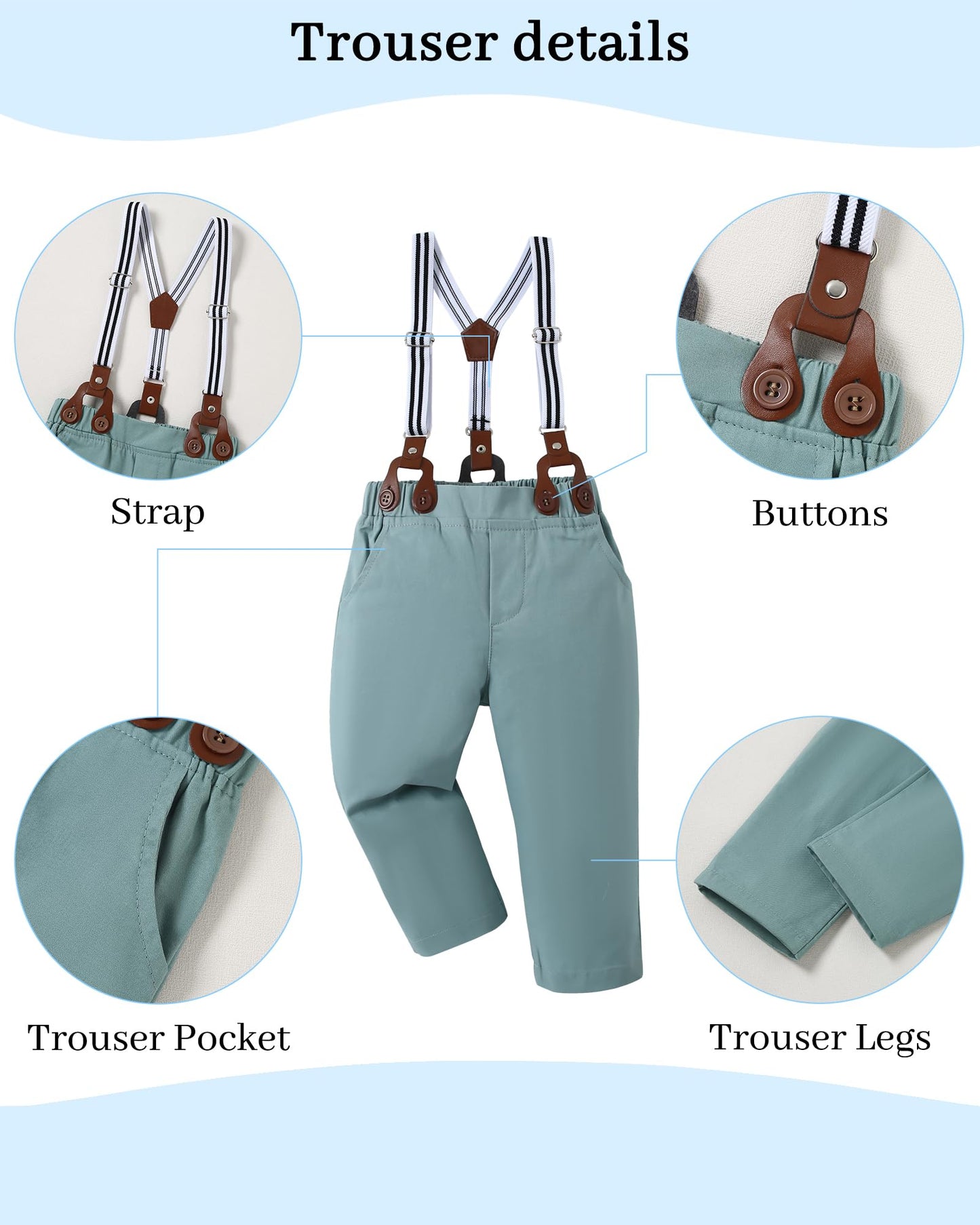 Disaur Toddler Boy Wedding Guest Outfit Short Sleeve White Flower Dress Shirt Bow Tie Suspender Green Pants Baby Formal Outfit B