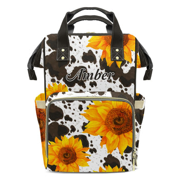 XOZOTY Cow Pattern Sunflower Diaper Bags Backpack with Name Personalized Baby Bag Travel Tote Bag Gifts for Mom Girl