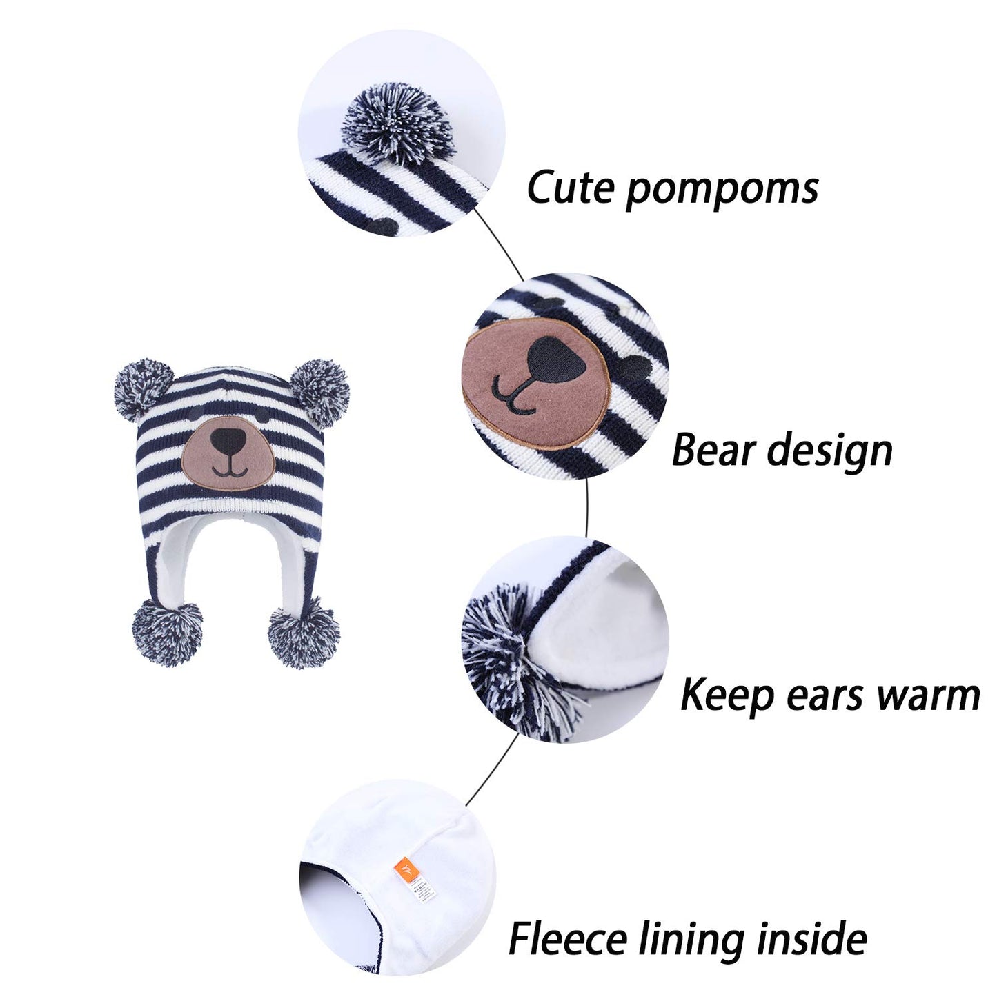 Langzhen Toddler Kids Infant Winter Hat,Earflap Knit Warm Cap Fleece Lined Beanie For Baby Boys (Bear -Navy Stripe, S(46-48Cm/18