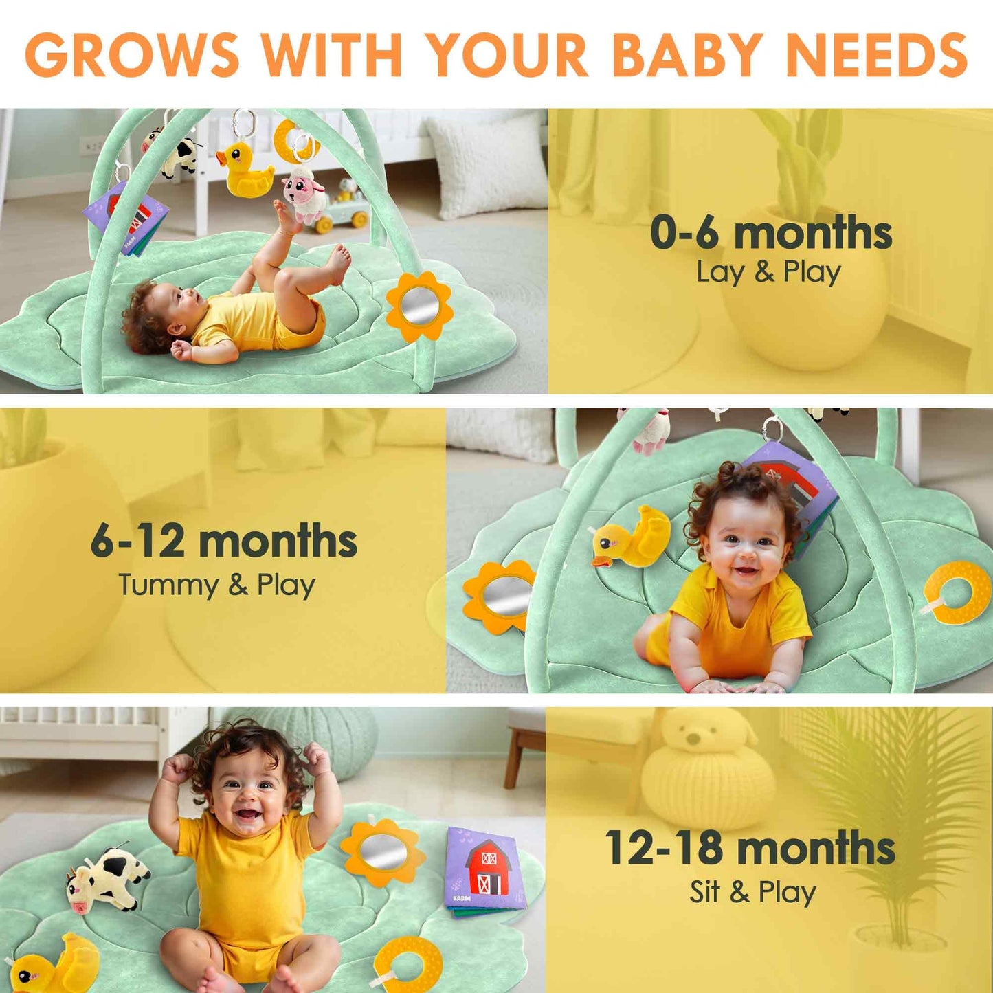 Quokka Baby Play Gym Xl - Cabbage-Shaped Baby Play Mat With 6 Large Sensory Toys - Tummy Time Mat For Infant Development - Machi
