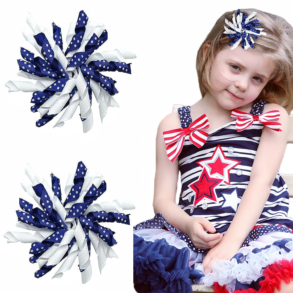Yxiang 2Pcs Indigo Korker Bows For Girls 3'' Curly Bow Hair Clip Ribbon Ponytail Bows Alligator Clip Hair Barrette For Girls Tod