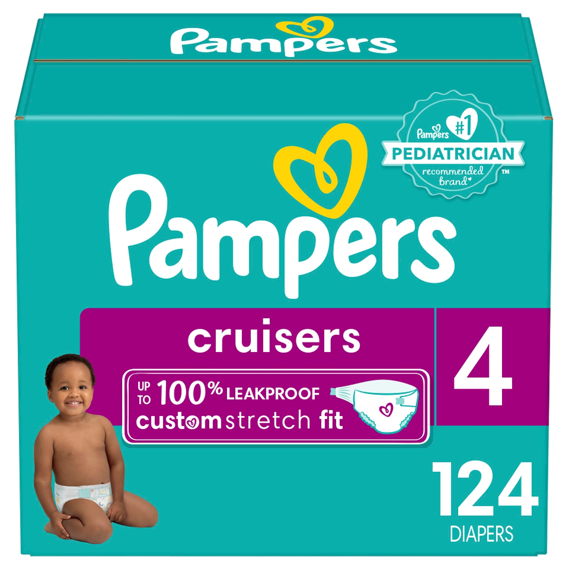 Pampers Cruisers Diapers - Size 4, 124 Count, Disposable Active Baby Diapers with Custom Stretch
