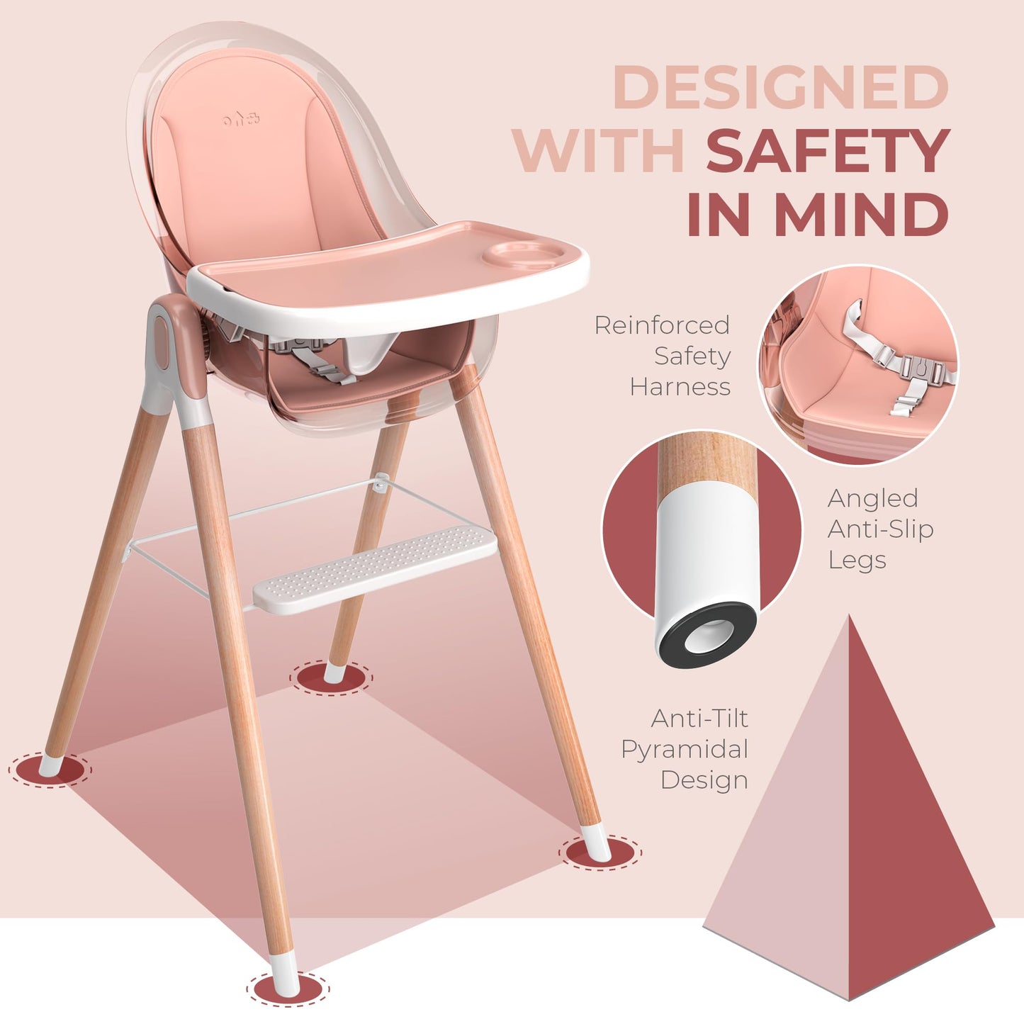 High Chair By Children Of Design Non-Reclinable 6 In 1 Baby Highchair For Babies And Toddlers, Modern Wooden, Easy To Clean, Rem