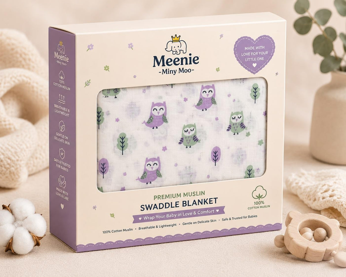 Meenie Miny Moo 100% Cotton Muslin Swaddle Blanket for Newborn Baby, Soft & Breathable Receiving Blanket, 120 x 120 cm Lightweig