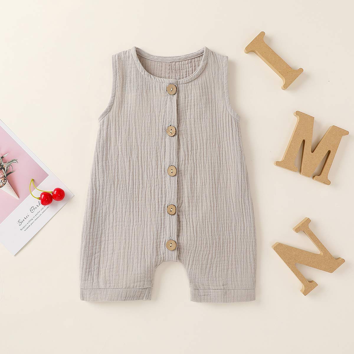 Cecobora Infant Newborn Baby Boys Girls Cotton Linen Romper Summer Jumpsuit Sleeveless Overalls Clothing Set (Grey, 12-18 Months