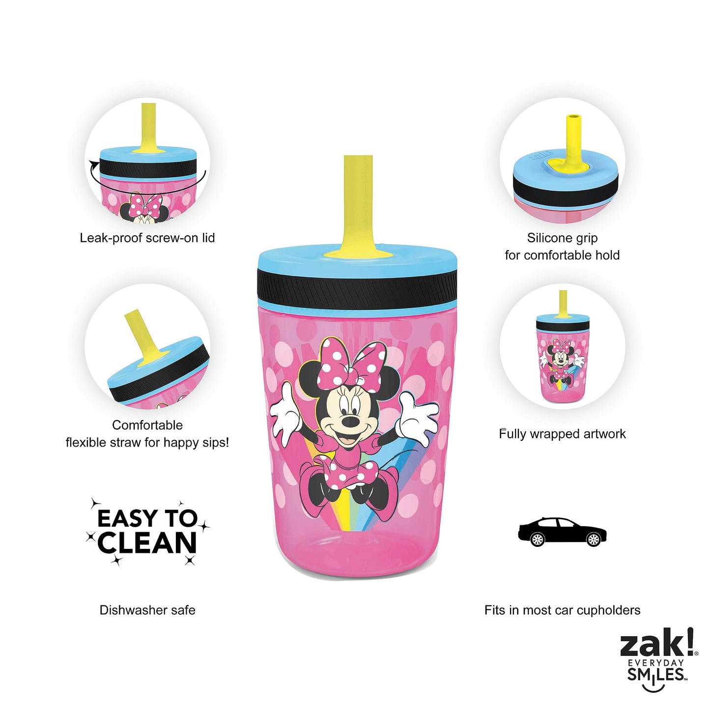 Zak Designs Disney Kelso Tumbler 15 Oz Set (Minnie Mouse) Leak-Proof Screw-On Lid With Straw, Made Of Durable Plastic And Silico
