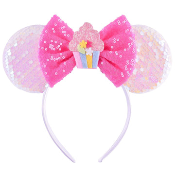 Seamoy Sequin Birthday Minnie Ears Headband, Sparkle Birthday Mouse Ears, Princess Headwears, Pink Birthday Mini Ears Headband F